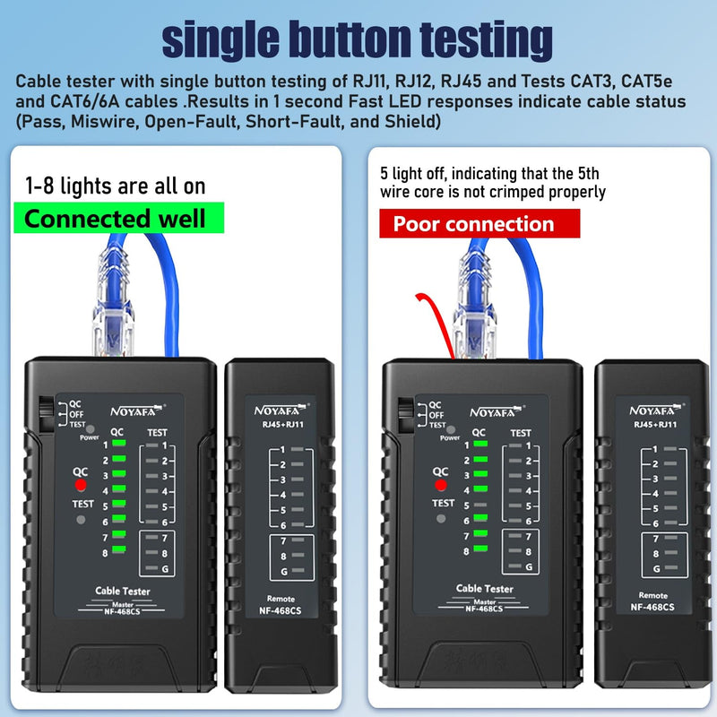 NF-468CS Network Cable Tester Ethernet Cable Wire Tester with Continuity Test for RJ45/RJ11/RJ12/POE/CAT3/CAT5/CAT5E/CAT6/CAT6A UTP/STP LAN and Telephone Line Testing Tool 468CS