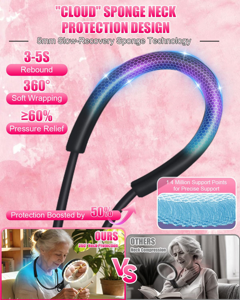 5.0 Upgraded Magnifying Glass Hand Free【12X German Ultra-HD Lens】【Cloud Sponge Neck Protection】 3 Smart Mode Light, All-Purpose Magnifying for Reading, Cross Stitch, Craft Seniors Use (Black) Black