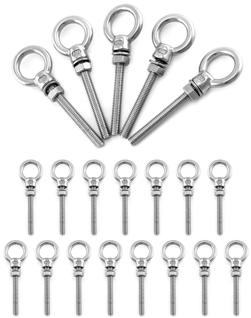 QWORK Threaded Eyebolts, 20 Pack 1/4" x 2" Long Stainless Steel Marine Grade Shoulder Eye Bolt 1/4" x 2"