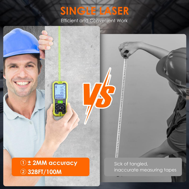 Laser Distance Measuring Tool, 100M/328ft Laser Measure, ±2mm Accuracy Laser Distance Meters with Backlit LCD, Measuring Distance, Area, Volume, Pythagorean Mode for Indoor/Outdoor Use(Green Laser)