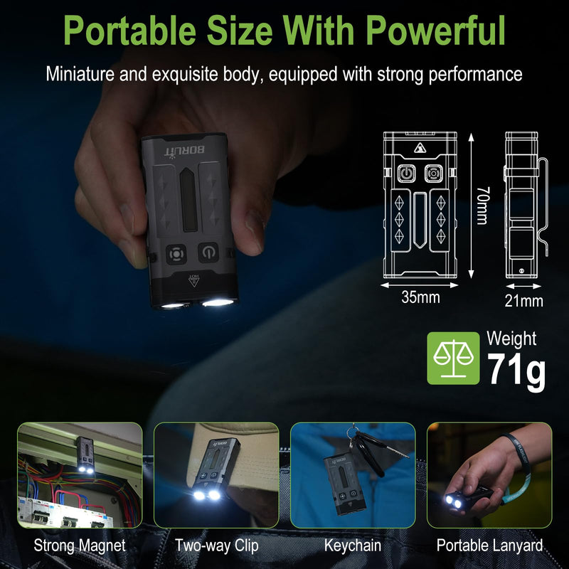 BORUIT EV20L LED Rechargeable Small EDC Flashlight with Green Beam,Pocket Keychain Flashlights with RGB Side Light,IP66 Waterproof,Clip & Tail Magnet for Outdoors Emergency Camping,Aluminum Black Green Beam Version