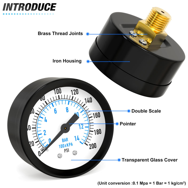MEANLIN MEASURE 5PCS 0~200Psi Well Pump Pressure Gauge 1/4" NPT 2" FACE DIAL with Teflon Tape for Water Oil Air Well Pump Tank Tire Pressure Test Center Back Mount 0~200Psi/5PCS 1/4"NPT Back Mount