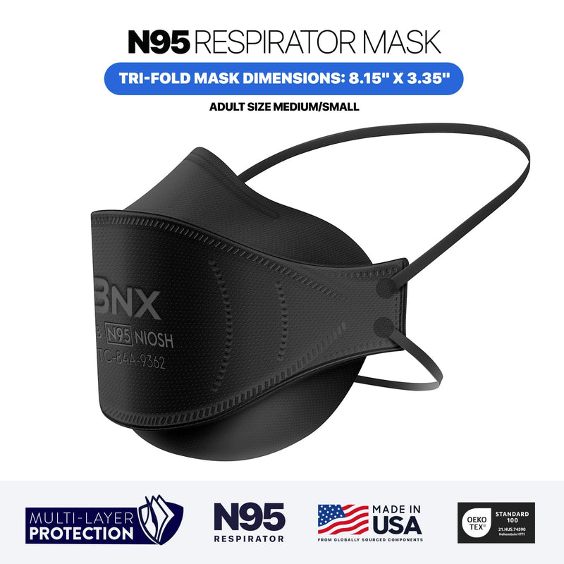 BNX N95 Mask NIOSH Certified MADE IN USA Particulate Respirator Protective Face Mask, Tri-Fold Cup/Fish Style, (50-Pack, Approval Number TC-84A-9362 / Model F95B) Black