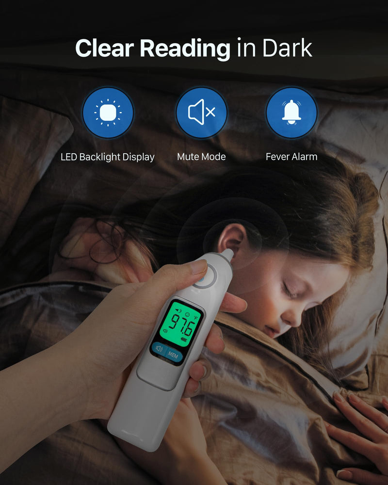 Ear Thermometer, Highly Accurate Ear Thermometer for Kids, Adults and Babies, 30 Memory Recall, 1s Result and 3-Color Fever Alert, with 24 Disposable Probe Covers, White LCD-White