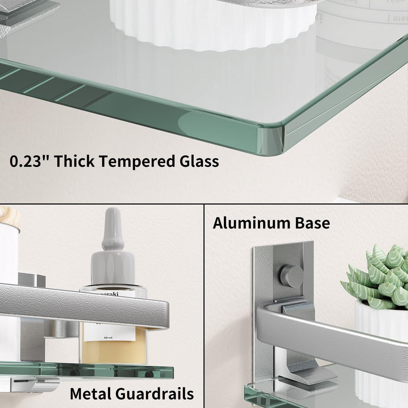 Danpoo Clear Tempered Glass Wall Shelf, Wall-Mounted Organizer for Bathroom, Kitchen(Matte Silver) Single Shelf