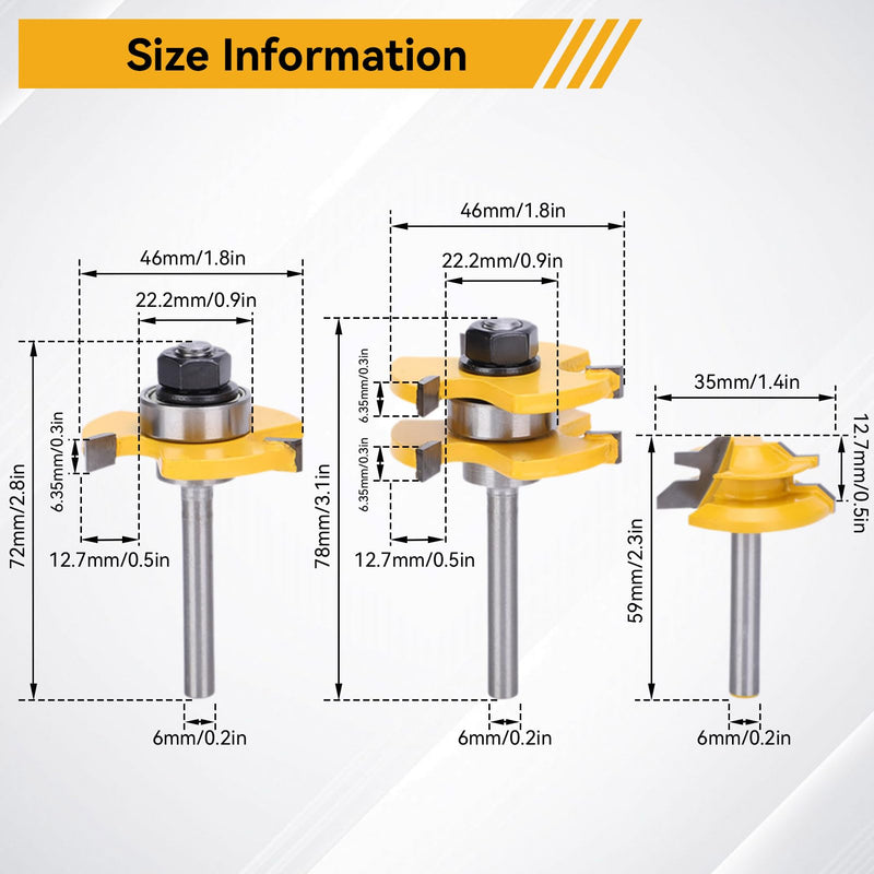 3PCS Router Bit Set, Tongue and Groove Router Bit Set 3 Teeth T Shape 1/4 Shank Lock Miter Adjustable T-Shape Wood Milling Cutter for Cabinets, Flooring, and Woodworking