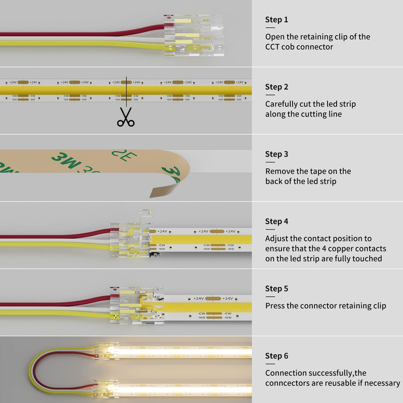 PAUTIX 10mm Connectors for CCT COB LED Strip Light 3 Pin Solderless Terminal Extension Connection Kit,4pcs Dual End Extension Connectors,2pcs Strip to DC Plug Extension Wire,4pcs Gapless Connectors Connector Kit
