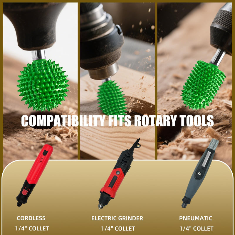 CAELUM 3 Pcs Tungsten Carbide Rotary Burr Kit, 1/4" Shaft Extreme Coarse Woodworking Attachment for Graining Tools, Sphere, Flame, Ball Nose Carving Bit for Wood, Rubber Engraving & Removal 3pcs-Sphere, Flame, Ball Nose