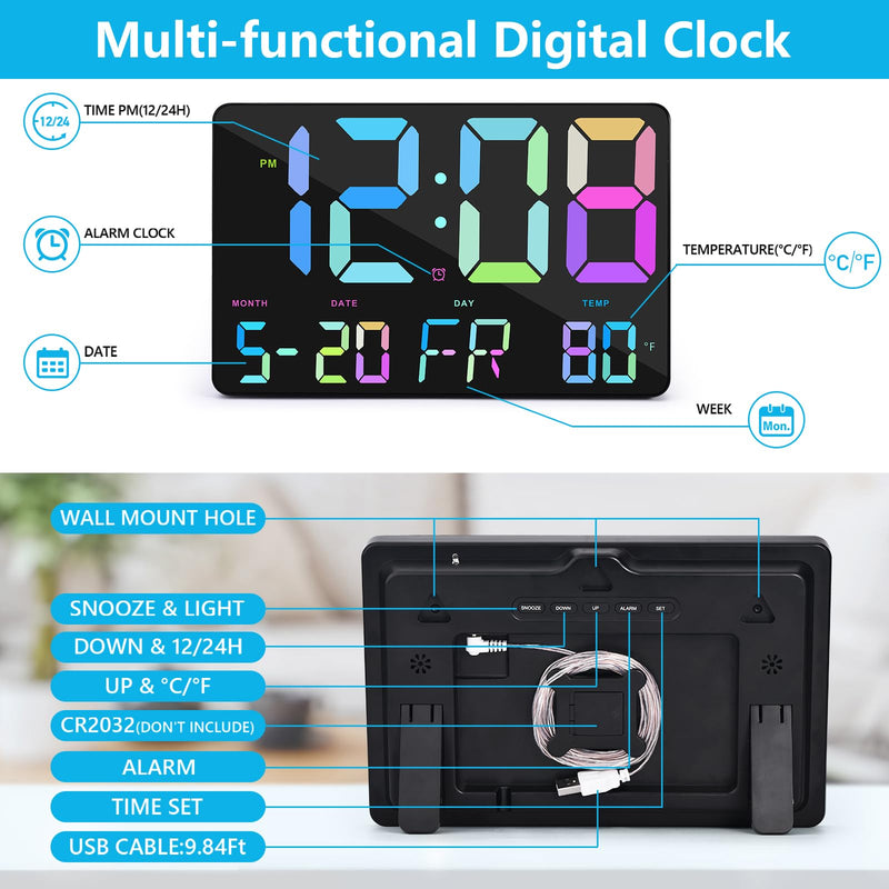 Amgico Digital Alarm Clock with Snooze, Temperature, Auto Dimming, 11.5" Large Display Calendar, Desk/Wall Clock for Bedroom, Living Room, Office, Home, Classroom,Elderly - Rainbow Black-a Rainbow