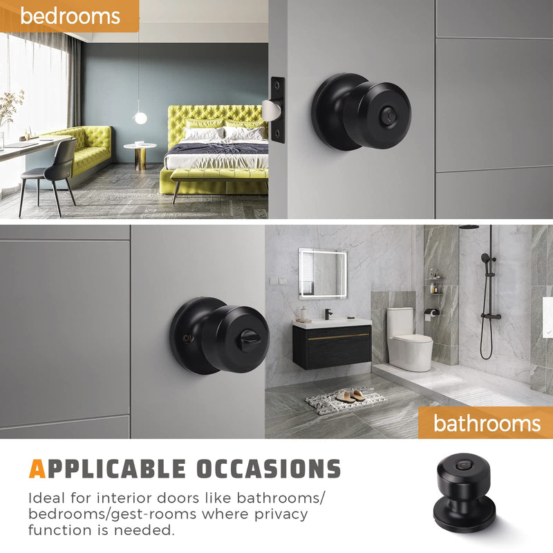 KNOBWELL 4 Pack Privacy Door Knob with Lock, Bedroom/Bathroom Door Knob, Matte Black Interior Door Knobs, Keyless Stainless Steel Door Handle, Black Round Doorknobs