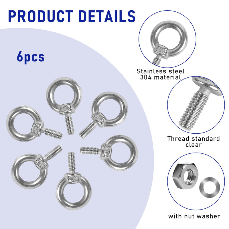 6 Pack M6 Eye Bolts with Nuts Stainless Steel M6 Screw Eyebolt Heavy Duty Eye Bolt Male Screw Thread Ring Shoulder Eye Bolts
