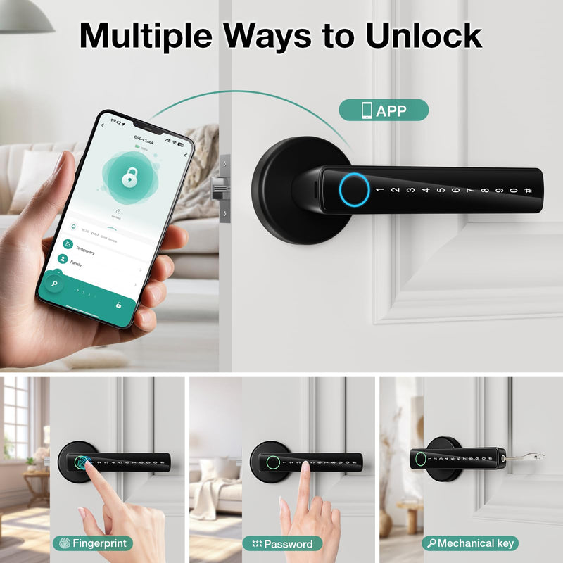 Fingerprint Door Lock with 2 Keycards & App Control – 5-in-1 Smart Door Knob for Bedrooms, Keys & Code, Store 50 Fingerprints Stainless Steel