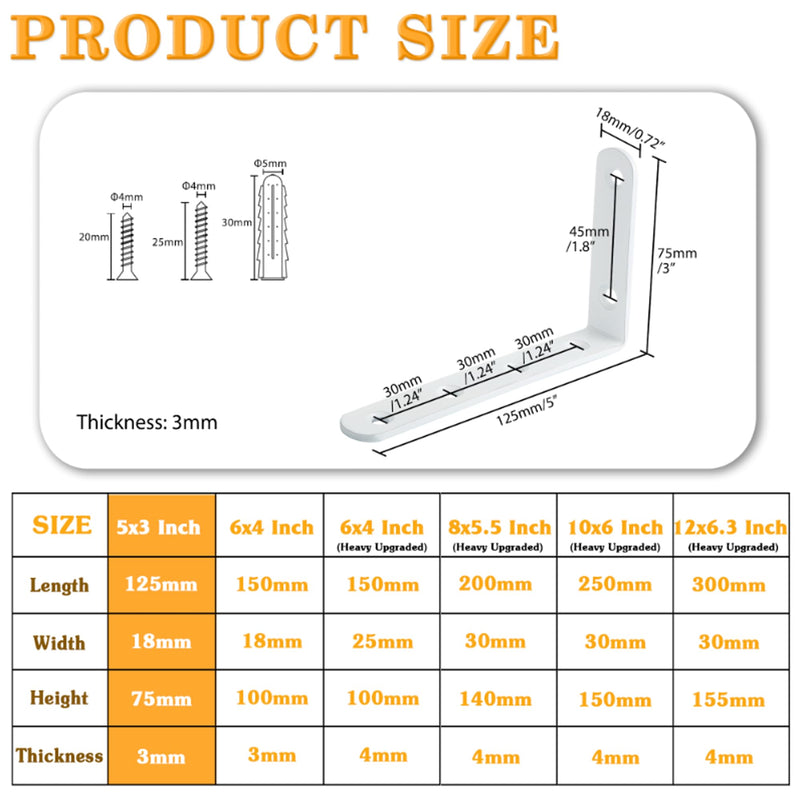 Alise Floating Shelf Brackets,White Bracket for Shelves Heavy Duty L Wall Bracket Corner Brace,Stainless Steel Joint Angle Bracket for Wooden Board Hanging Support,5x3 Inch(Pack of 4) 5x3 Inch White
