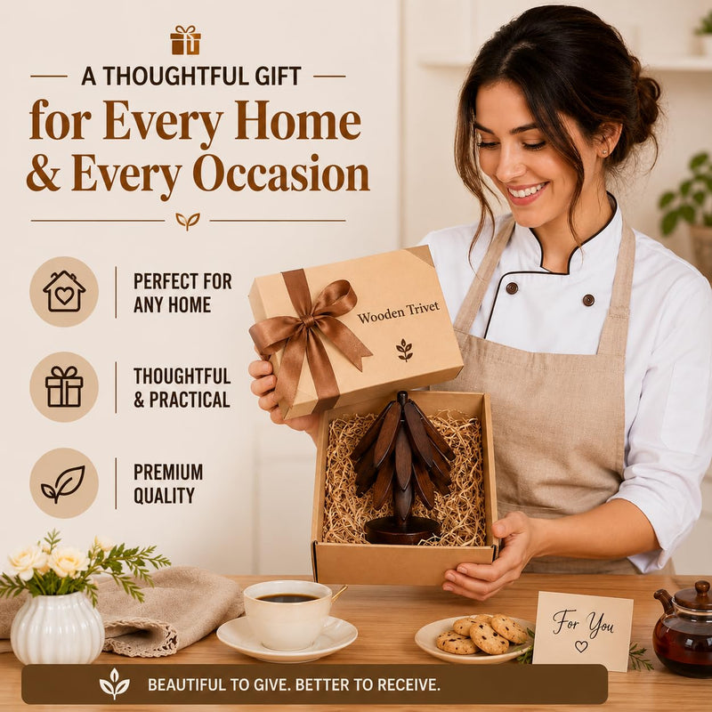 Wooden Trivet - Wooden Trivets for Hot Dishes - Tree Shaped Wooden Trivet - 4 Wooden Trivets with 1 Stand - Space-Saving Coaster Tree for Pots, Pans, Serving Dishes, Tables & Counters