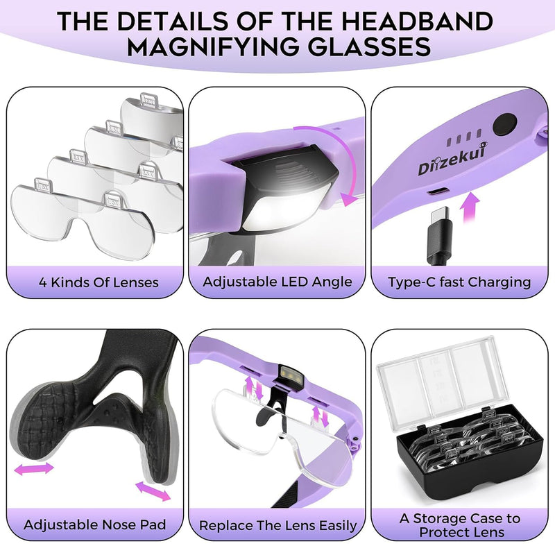 Magnifying Glass with Light, Rechargeable Magnifying Glasses 1.5X-5X Lenses, Magnify Glasses for Close Work with Carry Case, Magnifier Headset Headband Magnifier for Craft Hobby Cross Stitch Purple