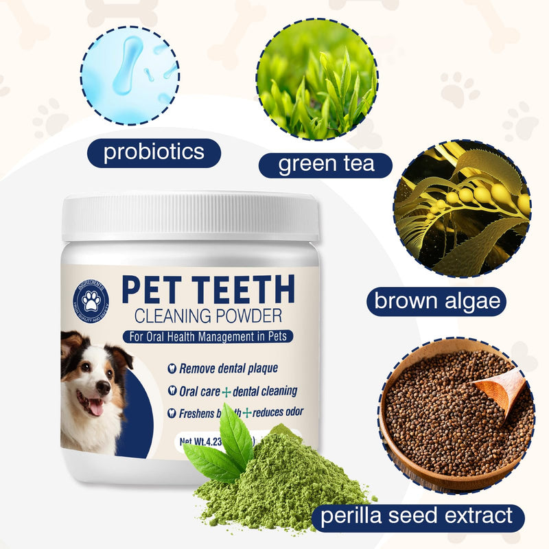 Dental Powder for Dogs Teeth Fresh Breath and Teeth Cleaning Contains Natural Ingredients and Probiotics Dental Powder Dog Tartar and Plaque Removes Tooth Cleaner for Dogs 120g (60-Day Supply) 4.23Ounce
