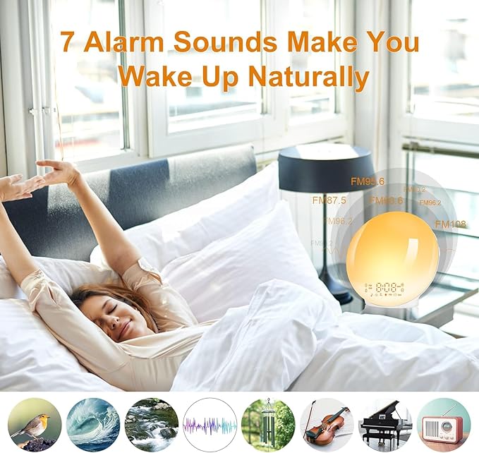 JALL Sunrise Alarm Clock White Noise Sound Machine with 22 Soothing Sounds, 17 NightLights, Bluetooth Speaker, Wake Up Light Alarm Clock for Bedrooms, Heavy Sleepers, Ideal Gift for Baby, Kids Seniors