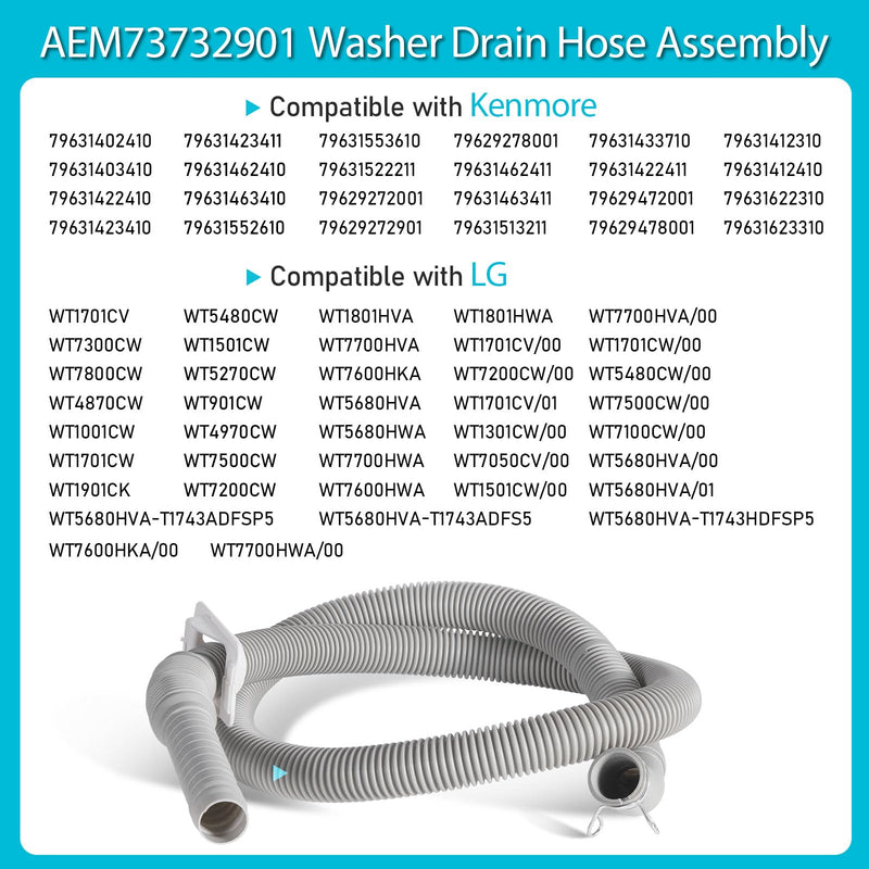 NEW AEM73732901 Washer Drain Hose Assembly Length 63 in Compatible with LG Kenmore Washer Replacement AEM74053001 MEJ62685201 2702257 PS8749199 AP5783629 EAP8749199