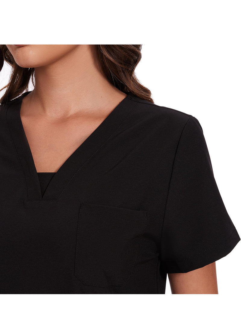 COZYFIT Scrubs for Women - V-Neck Top & Cargo Pants Scrubs Set with 10 Pockets Black Medium