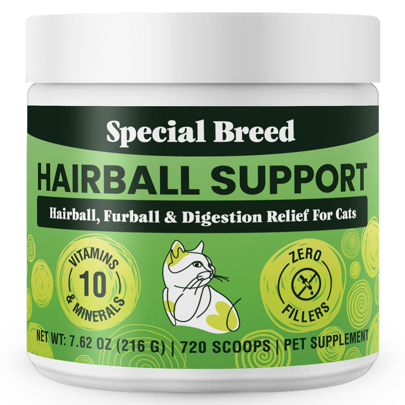 Special Breed Hairball Support for Cats - 10 Super Ingredients for Hairball Relief, Digestive Support & Healthy Skin - No Fillers - Psyllium, Pumpkin, Omega-3s & More - 720 Scoops 7.62oz