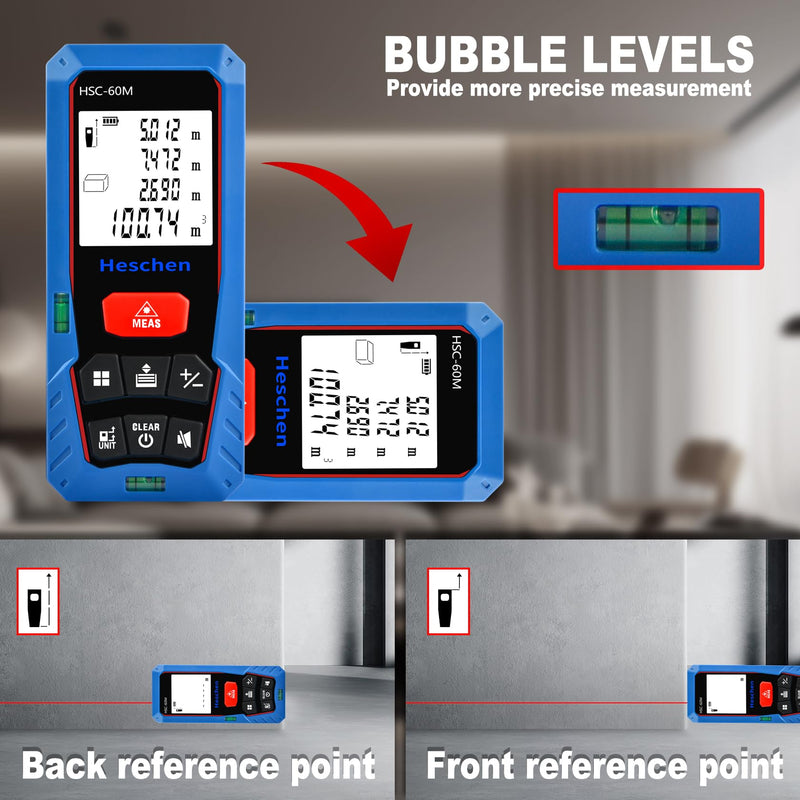 Heschen Laser Distance Meter, HSC-60M, 60m 196ft, with 2 Bubble Levels, Portable Laser Rangefinder Digital Distance Meter, for Measuring Distance, Area, Volume