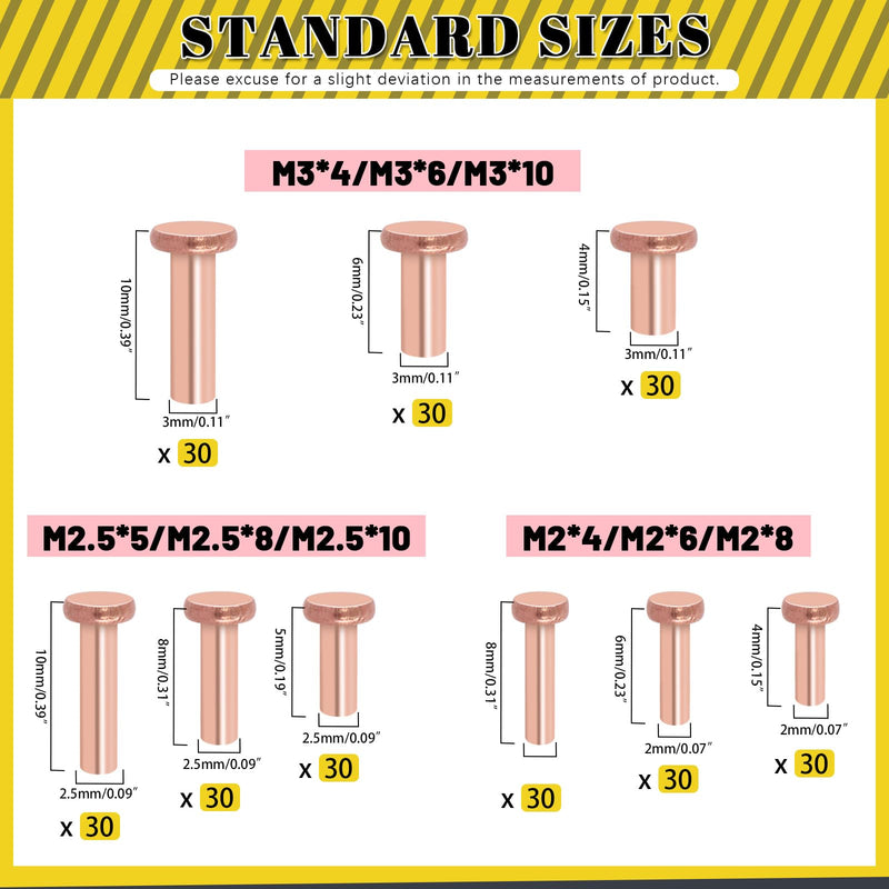 270Pcs Flat Head Copper Solid Rivets Kit, M2 M2.5 M3 Solid Copper Rivets Fasteners, Flat Head Rivets Solid Copper Rivets for Electrical Applications, Leather Working Supplies