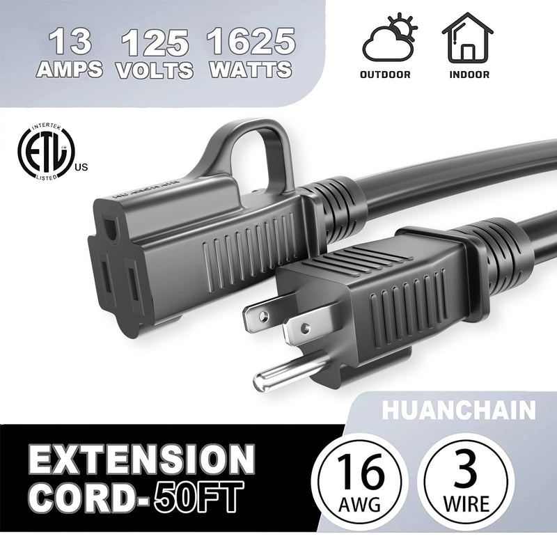 HUANCHAIN Indoor Outdoor Black Extension Cord 50 ft Waterproof, 16/3 Gauge Flexible Cold-Resistant Appliance Extension Cord Outside, 13A 1625W 16AWG SJTW, 3 Prong Heavy Duty Electric Cord, ETL