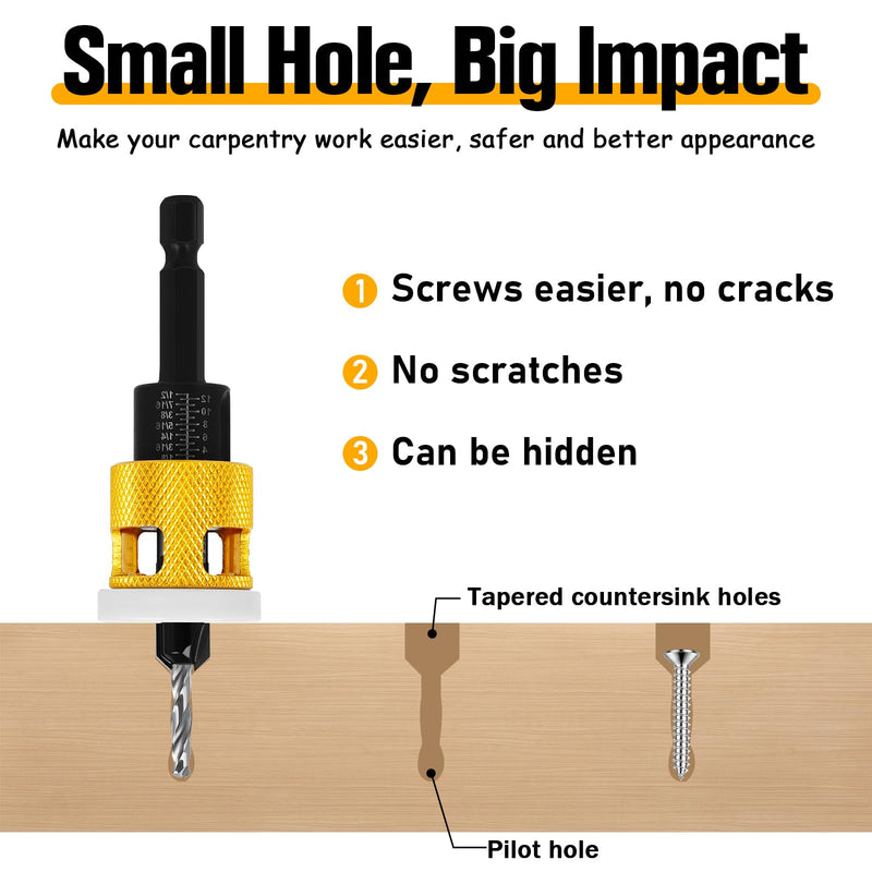 Countersink Drill Bit Set for Wood, 7Pcs Counter Sink Drill Bit Set with Adjustable Depth Stop and 1/4" Quick Change Hex Shank, Replaceable HSS M2 Bits Tapered Head for Woodworking