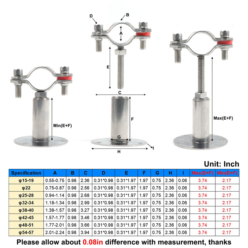 Kodilin 4PCS 304 Stainless Steel Wall Mount Ceiling Mount Pipe Supports,Suitable for OD Pipe 1"(32-34mm),Adjustable Height 50-100mm,Adjustable Pipe Strap Clamp with Screws 1"(32-34mm)
