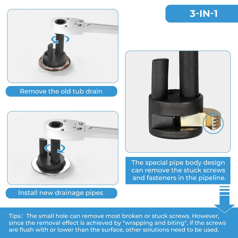 Tub Drain Removal Tool, 3/8 in Ratchet Drive, Gold | Heat-treated steel body supports stable torque for stubborn bathtub, sink, and floor drain work.