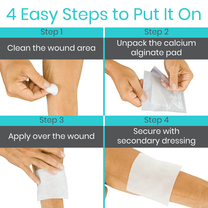 ViveCare Calcium Alginate Wound Dressing 4" x 4" (10 Pack)- Individually Wrapped, Sterile Gauze Pads - Absorbent Sterile Patches for Ulcer, Bed Sore, G Tube, & Diabetic Foot - Non-Stick Burn Treatment 4" x 4"