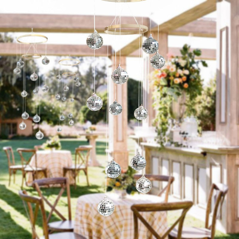 Disco Ball Mobile Spiral Spinner Ball 32 Inch Height with Bamboo Circle for Indoor Outdoor Yard Garden Patio Home Decoration and Party Weding Festival Birthday two circls