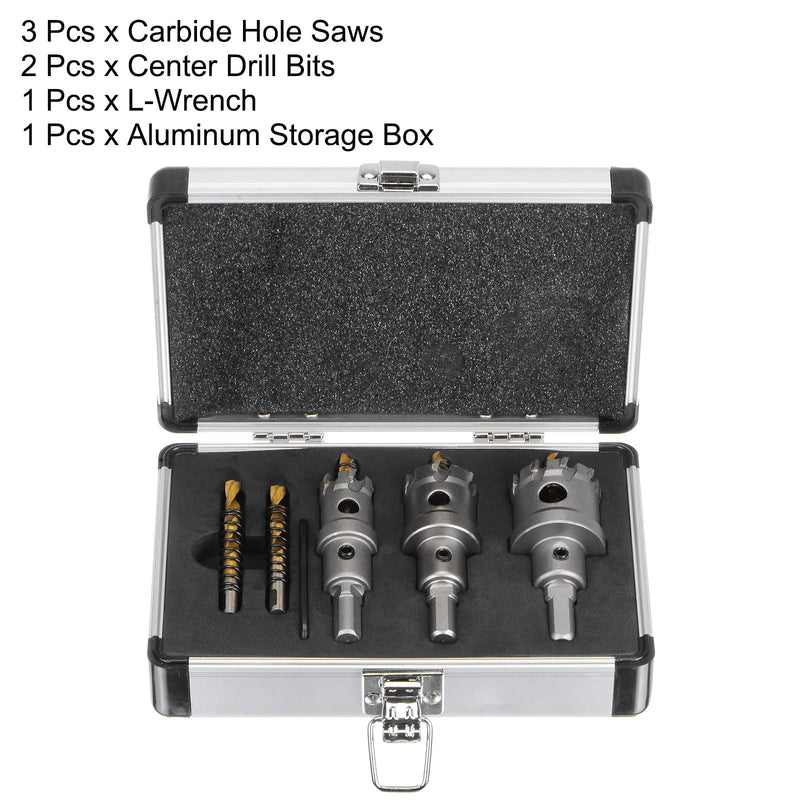 HARFINGTON 3pcs Carbide Hole Saw Kit 7/8" 1-1/8" 1-3/8" TCT (Tungsten Carbide Tipped) Hole Saw Cutter Set with 2pcs Extra Titanium Plated Drill Bits for Stainless Steel Hard Metal Plastic