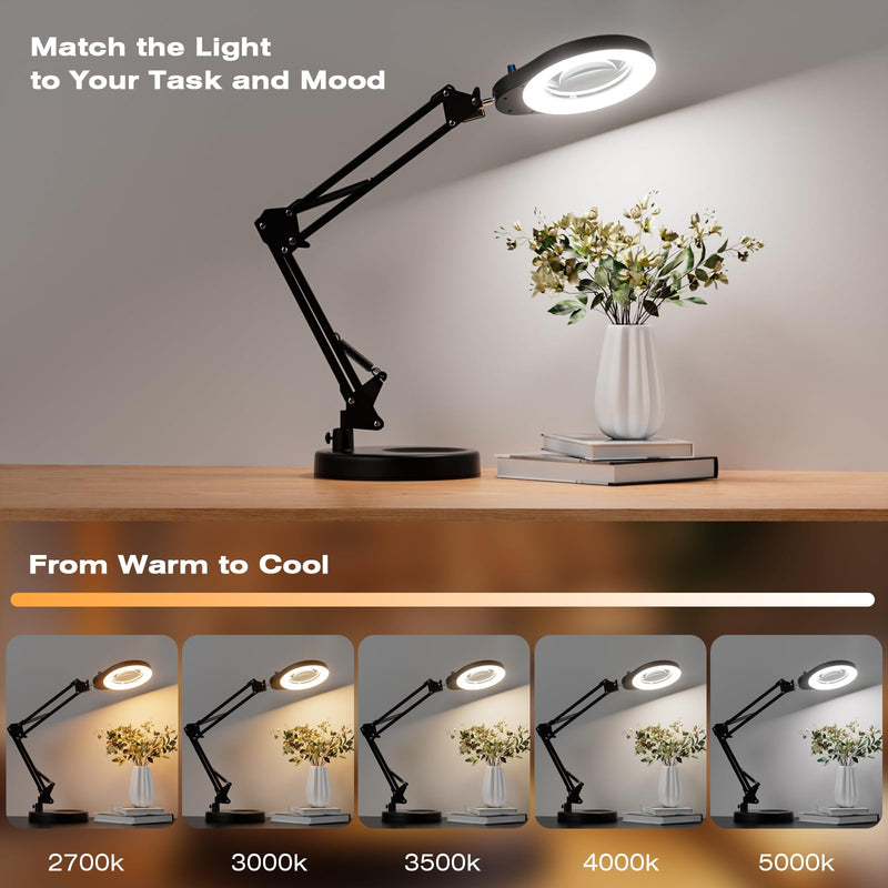 10X Magnifying Glass with Light and Stand, 5 Color Modes & Stepless Dimmable LED Magnifying Lamp, Hands Free Desktop Lamp for Reading, Crafts, Hobby and Close Work