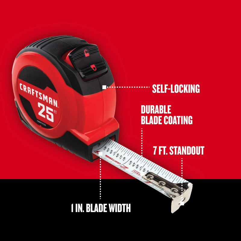 CRAFTSMAN 25-Ft Tape Measure with Fraction Markings, Retractable, Self-Locking Blade (CMHT37225) 25-Foot