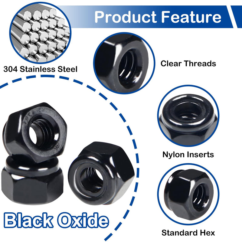 1/4"-20 Black Nylon Lock Nuts, 54Pcs Nylon Insert Locknuts, 304 Stainless Steel 18-8 Nylock Nuts, Black Oxide, Coarse Thread, Hex Drive, Bright Finish, for Furniture, Tools, Handle, Repairing Jobs 1/4-20