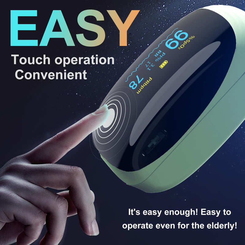 Fingertip Pulse Oximeter with Respiration Rate Monitoring, PI & RR Measurements, Rechargeable Blood Oxygen Monitor with Heart Rate and Fast Spo2 Reading, Pulse Ox with OLED Display, 6 View Modes & Auto-Rotating Screen (Green)