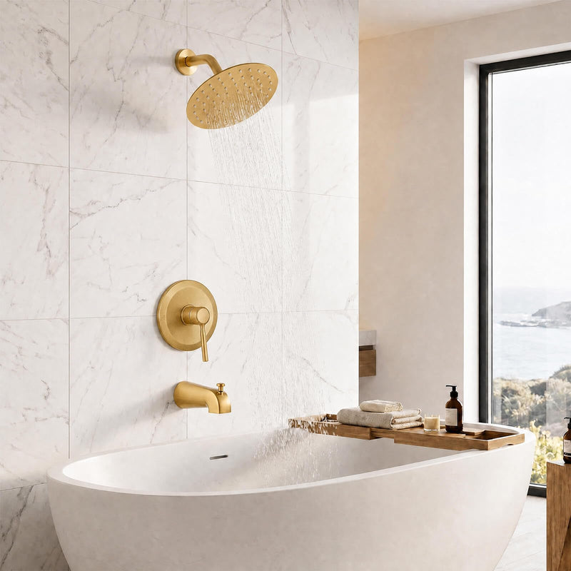 HUCKLE Gold Shower Faucet Set, Rain Shower Head, Bathtub Faucet, 8 Inch Brushed Gold