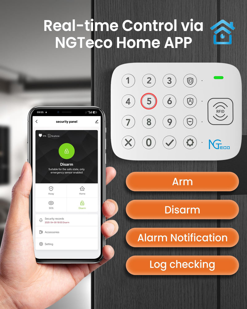 NGTeco 11-Piece Home Security Alarm Kit, Wi-Fi Home Security System with Keypad, Motion Sensor, 5 Entry Sensors, Window and Door Protection - No Contract, Compatible with Alexa & Google H400
