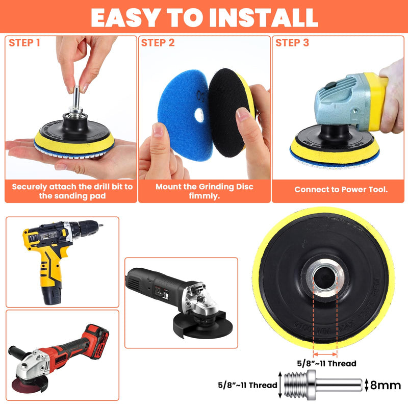 20 Pack Diamond Polishing Pads Set, 4 Inch Wet/Dry Granite Stone Polish Pad Kit 30-10000 Grit with 5/8’’-11 Backer Pad Drill Grinder Adapter and Wool Disc for Marble Rock Concrete Stone Quartz