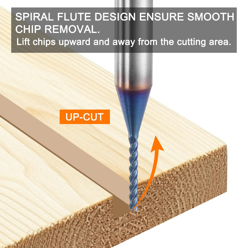 HARFINGTON 3pcs Spiral Router Bit 1/16" Cut Dia 1/4" Shank Up Cut Blue Nano Coated Solid Carbide 3 Flutes CNC End Mill Milling Bits for Wood Plastic Soft Metal (1/2" Cut Length 2" Long) 1/16" x 1/2" x 1/4" x 2"