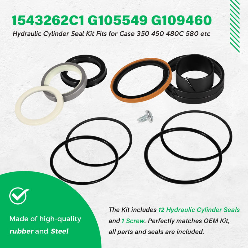 1543262C1 G105549 G109460 Hydraulic Cylinder Seal Kit (for Rod: 1.75" BORE: 3") Fit for Case 350 450 480C 580 580 Super E, for Super D 680K 850B 855C 1150B 1155D W11 W14 etc for ROD: 1.75" BORE: 3"