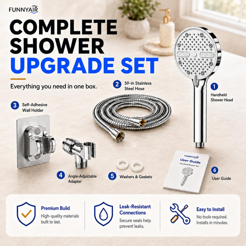 Handheld Shower Head, FunnyAir High Pressure Showerhead with 5 Spray Modes, 59 Inch Stainless Steel Hose, Dual 360° Adjustable & Adhesive Brackets, Ideal for Low Water Pressure Home, Apartment Chrome