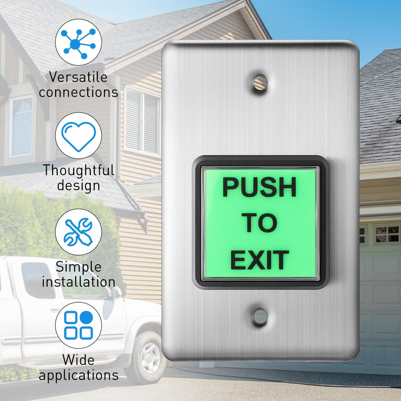 2 Pcs Push to Exit Button Indoor Green Square Request to Exit Button Stainless Steel Wall Plate with Green LED Square