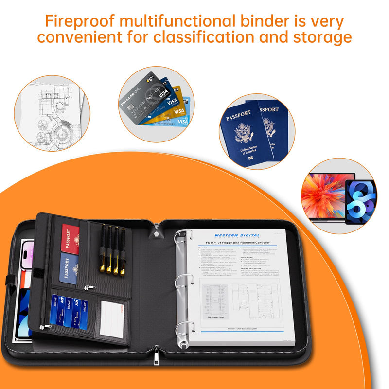 Tamfile Fireproof 3 Ring Binder with Zipper, 1.5 Inch D Ring Binder Hold Up 375 Sheets of 8.5"x11" A4 Paper, Portable Safe Storage with Large Pockets, Important File Storage for A4 Files (Black)