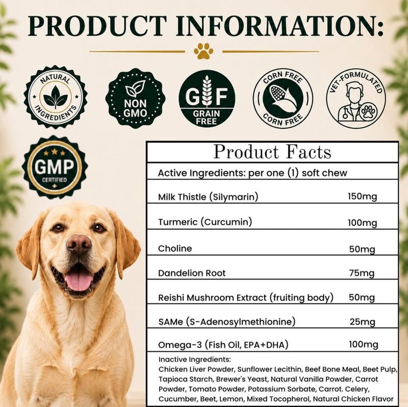 Advanced Liver Support Supplement for Dogs – Milk Thistle, Turmeric, Same & Choline – Liver Detox, Kidney Support, Immunity & Metabolic Boost – Organic Ingredients, Natural Chicken Flavor – 90 Chews Liver Detox Support