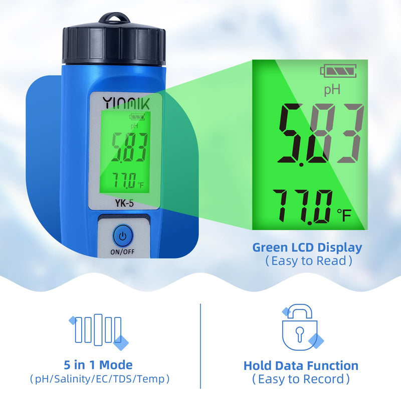 pH Salt Meter 5 in 1 pH TDS EC Salinity Tester for Pool Spa Aquarium Hydroponic Saltwater Digital pH and PPM Tester for Household Drinking Water Hot Tub Home Brewing Fish Tank… 5 IN 1 Blue Color - NewNest Australia