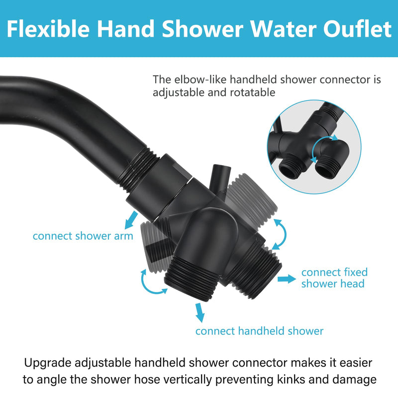 PDPBath Brass 3 Way Shower Arm Diverter Valve for Handheld Shower Head and Fixed Shower Head, G1/2 Universal Connection - Matte Black