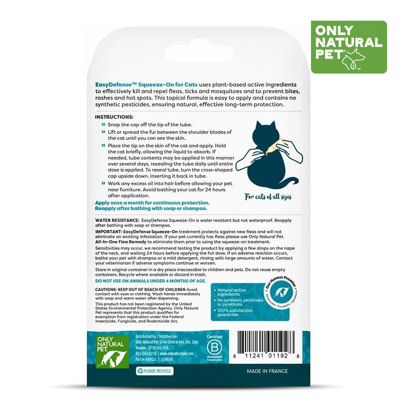 Only Natural Pet Flea and Tick Prevention for Cats - EasyDefense Flea Remedy - Natural Flea Treatment Control Squeeze-On Drops - Tick and Flea Protection - Three Months Supply (Single)