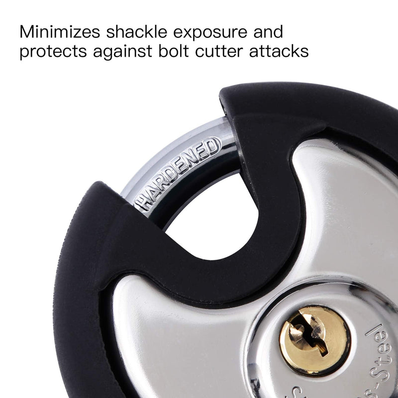 DAYGOS Outdoor Padlock for Storage Unit, Waterproof Stainless Steel Disc Lock with Rubber Bumper for Sheds,Gate and Fence, Heavy Duty Discus Keyed Pad Lock (3/8-Inch Shackle) 1 Pack round disc padlock black and silver